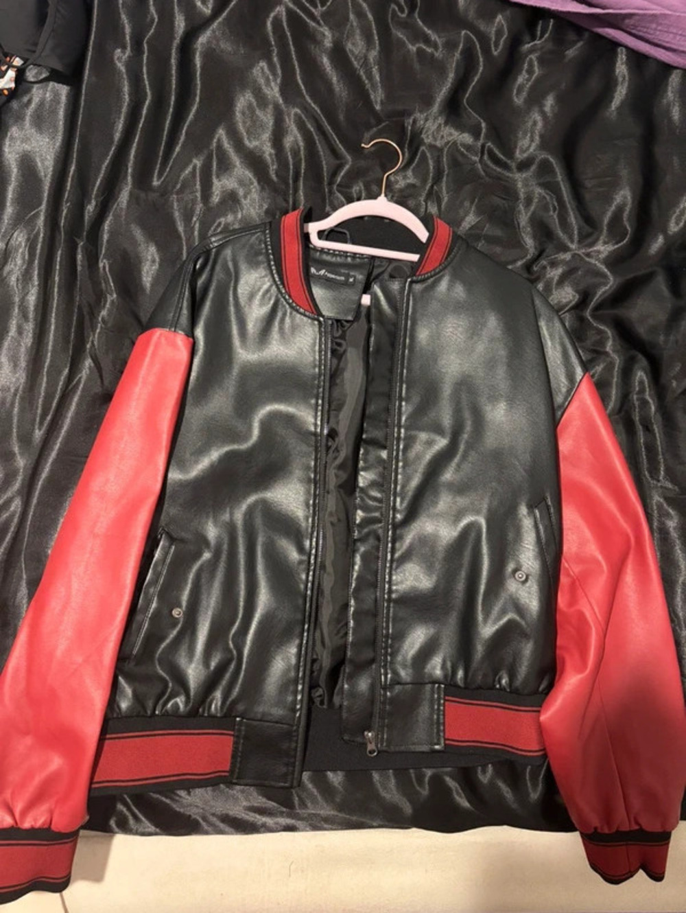 XL Black & Red Faux Leather Varsity Bomber Jacket